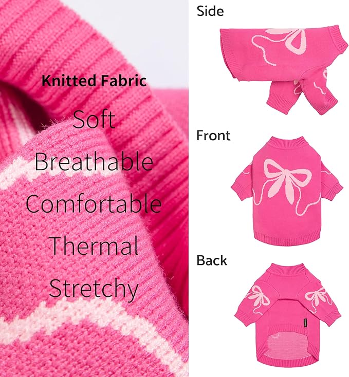 Fitwarm Bowknot Valentine's Dog Sweater, Thermal Winter Clothes for Small Dogs, Charming Valentine's Outfit, Dog Pullover Jumper, Holiday Pet Apparel, Pink, Medium