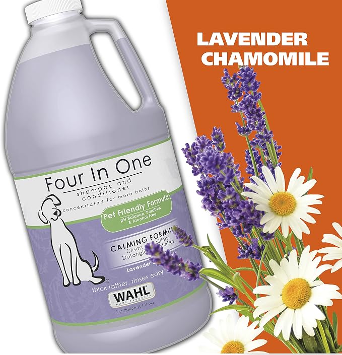 Wahl USA 4-in-1 Calming Pet Shampoo for Dogs with a Lavender Chamomile Scent – Cleans, Conditions, Detangles, & Moisturizes - Pet Friendly Formula – 64 Oz - Model 821000-050