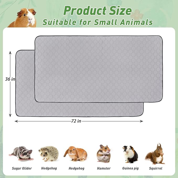 Guinea Pig Cage Liners, 36''X72'' Washable Guinea Pig Pee Pads, Non Slip Reusable Super Absorbent Guinea Pig Training Mat Bedding Fleece for Small Animals Hamster Rabbit Chinchilla Rat, 2Pack
