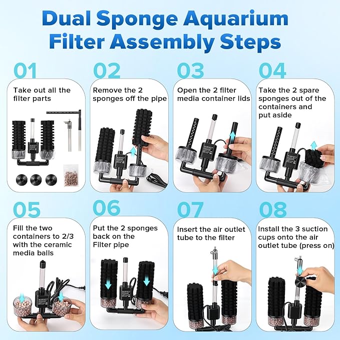 hygger Electric Aquarium Sponge Filter, 5W Quiet Fish Tank Filter Pump with 2 Spare Sponge & Bio Media Balls, Adjustable Outlet Venturi & Rain Mode(L for 29-55 Gal Fish Tank)