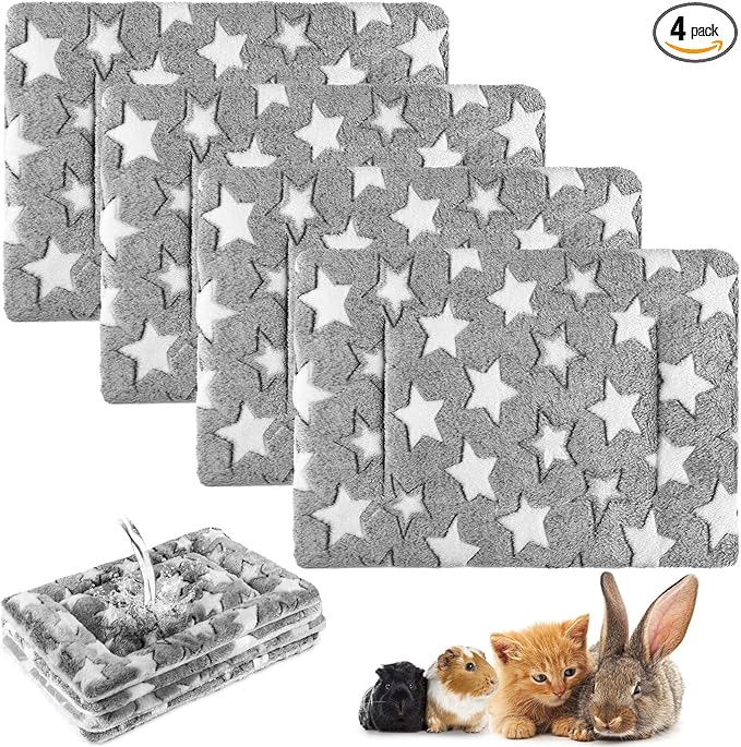 Haull 4 Pcs Waterproof Guinea Pig Bedding Guinea Pig Bed Plush Cage Liners Soft Rabbit Dog Crate Pad Cat Mat Reversible Cozy Animal Pee Pad Hamster Bunny Mat Accessory(Gray Star,13 x 18.5 Inch)