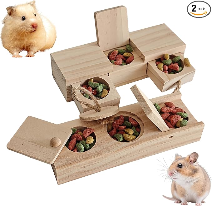 2 PCS Wooden Foraging Toys for Guinea Pigs, Hamsters & Chinchillas, Small Pet Puzzle Feeder with Drawers and Ropes, Natural Wood Chew Enrichment Activity Toy