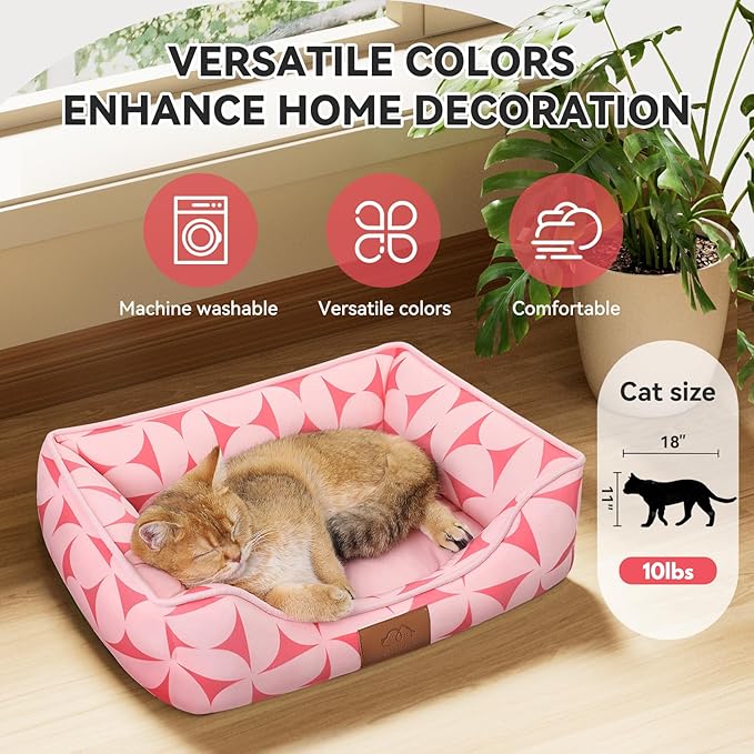 Zerbuger Rectangle Cat Dog Bed for Large Medium Small Pets Indoor Outdoor Machine Washable Sleeping Sofa Non-Slip Bottom Soft Puppy Bed Durable Orthopedic Calming Pet Cuddler (Small, Pink Pattern)