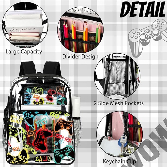 Kacctyen 3 Pcs Clear Backpack Heavy Duty Clear Stadium Bag Transparent Backpack with Lunch Bag(Black,Gamer)