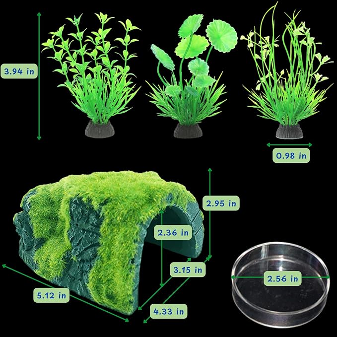 Axolotl Hides for Aquarium with Feeding Dish and Fake Plants Set, Axolotl Cave with Green Plants, Aquarium Decor, Fish Tank Decorations, Turtle Tank Accessories (Cave+Plant+Feeding Dish, L)