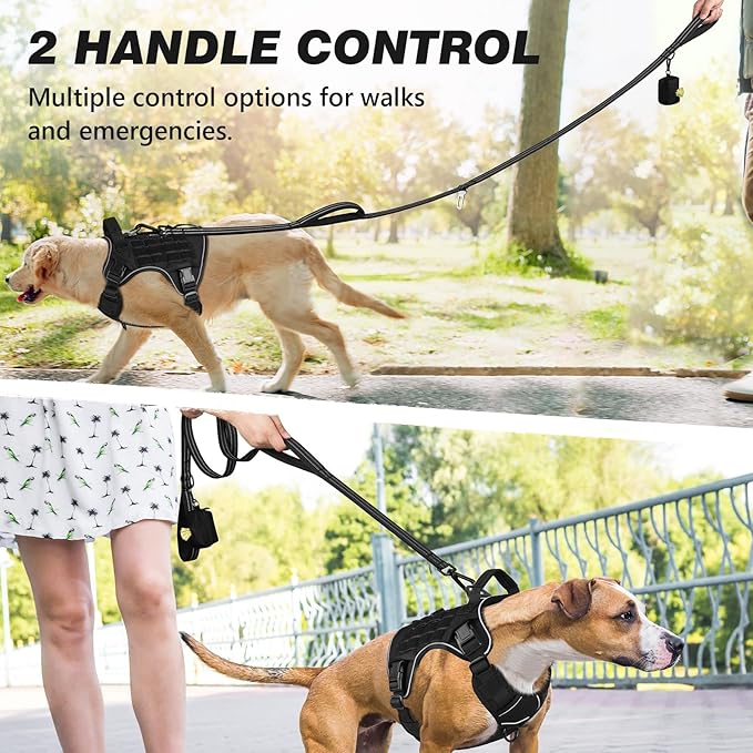 WINGOIN Dog Leash for Large Medium Small Dogs, Heavy Duty Dog Leashes with Double Handle, Poop Bag Holder, Car Seat Belt Buckle, Reflective Tactical Pet Lead for Walking, Training (Black, 6FT)