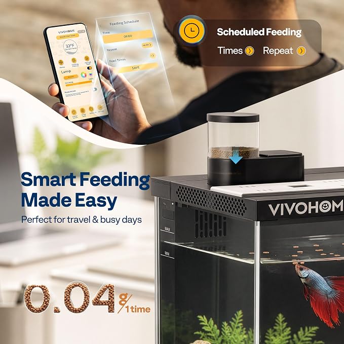 VIVOHOME 5 Gallon Smart Fish Tank with APP Control and Auto Feeder | Aquarium Starter Kit with Filter and Pump, Temperature Display, RGB LED Light, Self Cleaning Betta Fish Tank for Desktop