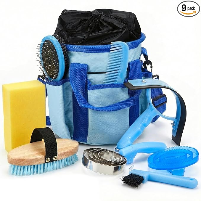 Cunhill 9 Pcs Horse Grooming Kit Tack Room Supplies Set with Tote Bag, Oval Massage Curry, Hard and Soft Brush, Hoof Pick, Sweat Scraper, Bathing Sponge, Comb for Horse Rider(Classic,Light Blue)