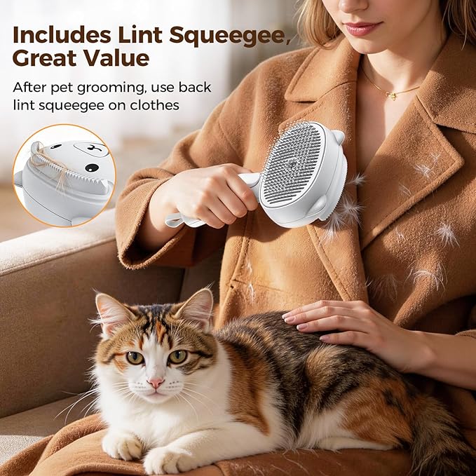 Self Cleaning Shedding Steam Cat Brush, Silicone Scraper Included Dog Brush, primecat, Cat Brushes for Shedding, USB Rechargeable, for Grooming & Haired Pets, Dogs & Cats, White