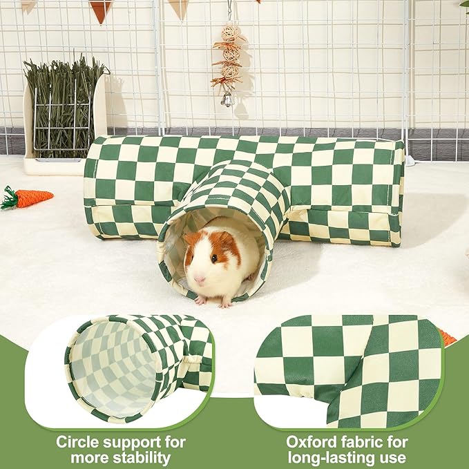 Bienbee Guinea Pig Tunnel, 3 Way Washable Guinea Pig Hideout,Foldable Rabbit Tunnel Guinea Pigs Toys for Bunny Hamster Chinchilla Ferret Rabbit Guinea Pigs Accessories Green Checkerboard