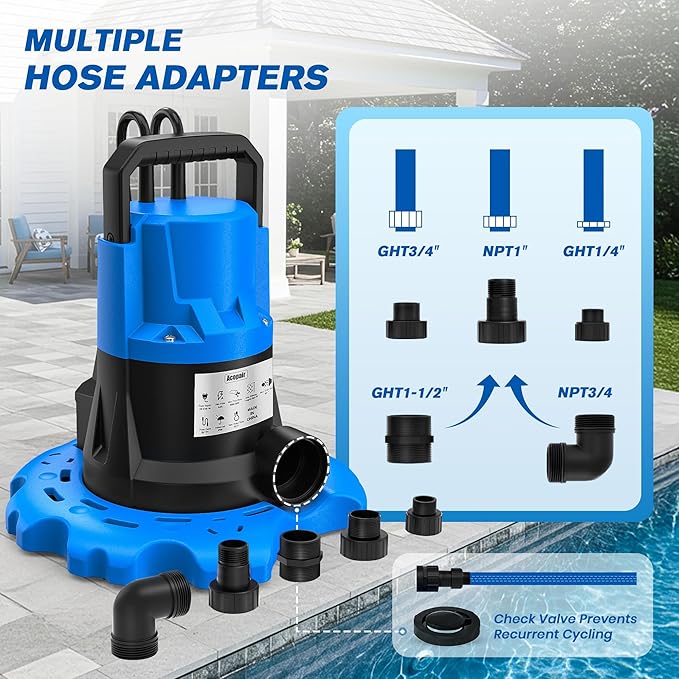 1 HP Automatic Pool Cover Pump 5000 GPH - Submersible Water Removal Pump with 26ft Power Cord & 3/4” Check Valve for Pool, Hot Tubs, Rooftops, Water Beds and more (2026 Upgrade）