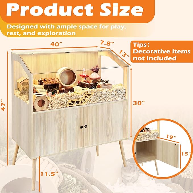PROLEE Hamster Cage with Storage Cabinet,Large Hamster Encloure Chew Proof Wood,Clear View Hamster Habitat for Guinea Pig, Ferret, Rat, Hedgehog, 40" L x 20" W x 47" H (Oak)