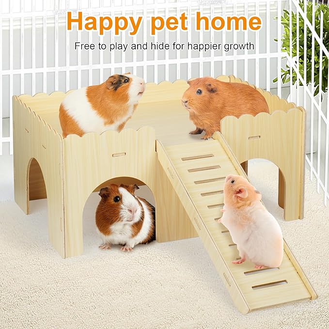 Large Guinea Pig Hideout, Upgraded Wooden Guinea Pig Castle with Guinea Pig ramp, Easy to Assemble Guinea Pig House for Small Animal House Habitat or Hamster Hideout/Rabbit Hideout