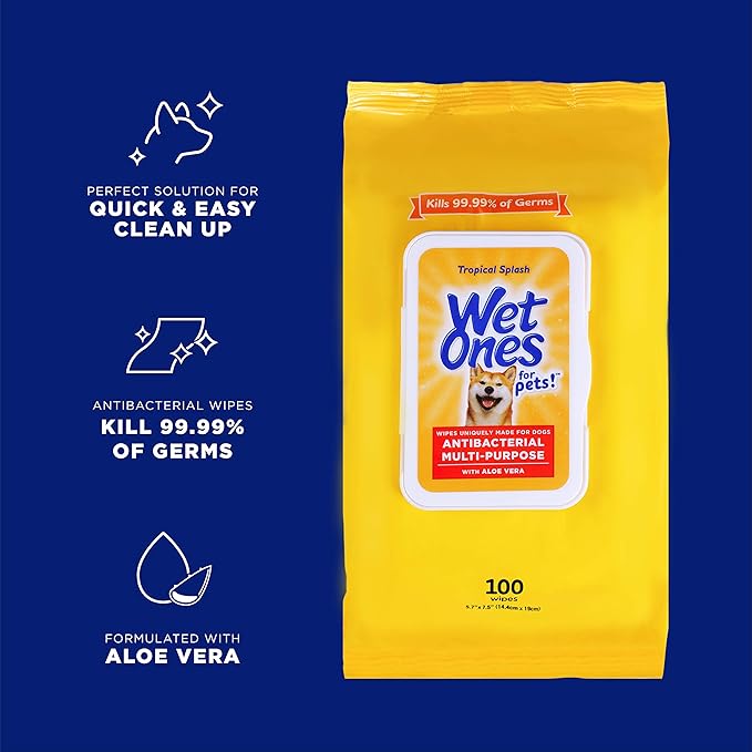 Wet Ones for Pets Multipurpose Dog Wipes with Aloe Vera, Tropical Splash Scent - Pet Bathing Wipes with Wet Lock Seal for Dog Paws and All-Over Use, 100 Count - 12 Pack