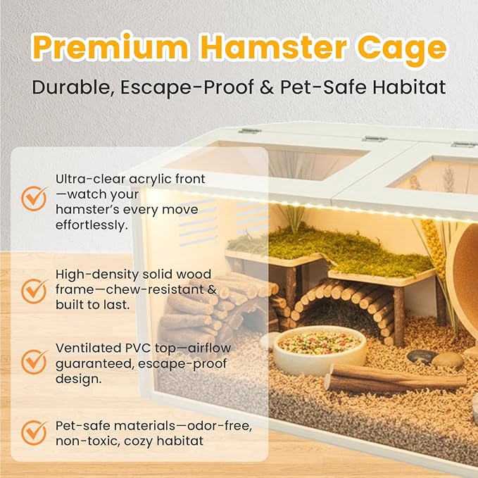 Wooden Hamster Cage Chewproof, Large Hamster Cages and Habitats, Small Animal Habitat with with Double Openable Acrylic Sheet Doors for Gerbil, Degus Mice, Guinea Pig, Rat& Other Small Pets（31.5in）