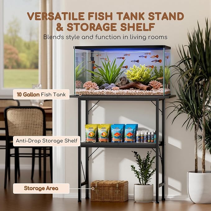 10-30 Gallon Fish Tank Stand with Storage Shelves, 2-Tier Aquarium Stand with Metal Frame, Heavy Duty Reptile Turtle Tank Stand for Home Office, 30" L x 11.8" W x 30.5" H, Black
