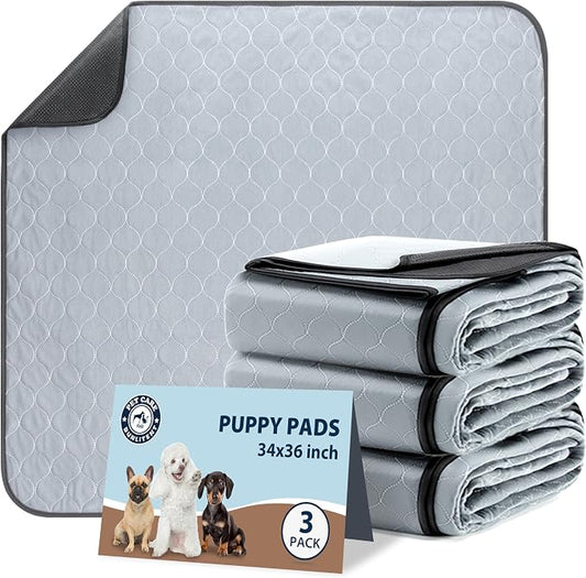 Washable Pee Pads for Dogs, Reusable Puppy Pads 34x36, 3 Pack, White Grey | Reusable, Fast Absorbent, Waterproof, Non-Slip, For Whelping, Training, Incontinence & Potty, For Dog Playpen, Crate, Car
