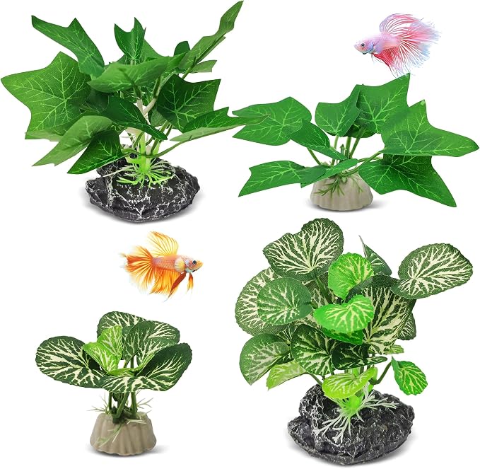 GOZILLA Silk Fish Tank Plants,Reptile Artificial Plant,Reptile Plants for Terrarium,Aquarium Decorations Accessories Set,Resin Pedestal Silk Aquarium Plant for Fish Tank.(4PCS/B-Set)