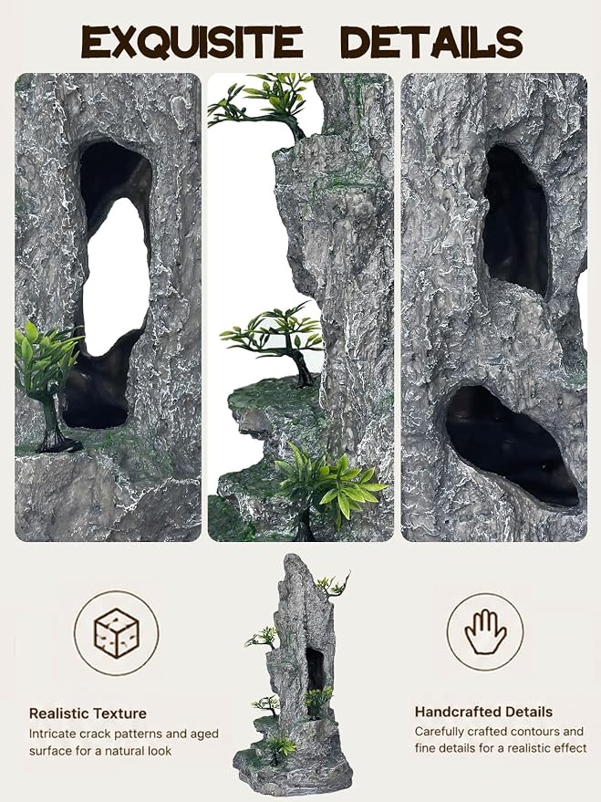 Aquarium Decor - Tall and Large Mountain Rock Ornament for Fish Tank, Aquarium Hideout with Rock Texture for Betta, Guppy, Shrimp - Safe Aquatic Decoration, Fish Hiding House（Grey）