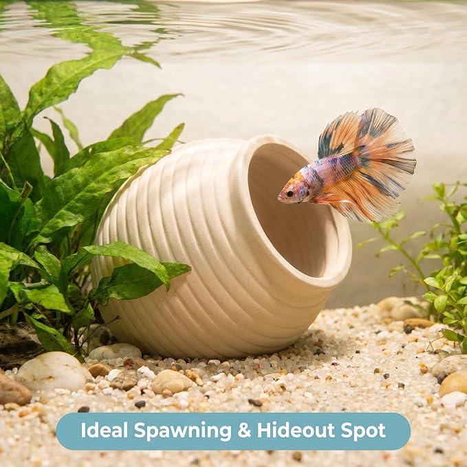 SpringSmart Aquarium Decor Rock Betta Fish Tank Decorations Ceramic Hideout Stone for Fish Shrimp Turtle Crab to Breed, Rest and Play, Small Fish Bowl Hiding Cave, Pot Shaped Betta Toys