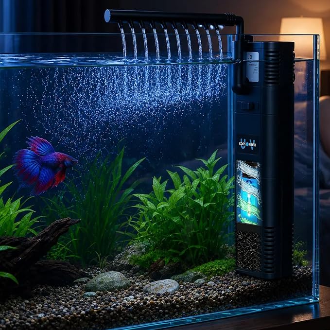 TARARIUM Small Aquarium Filter U-V for 10-30 Gallon Tank,118GPH Fish Tank Filters for Betta Fish Tank Green Clean Machine, Internal Pump Filter for Turtle Tank Saltwater Freshwater Crystal Clear | Adjustable flow rate