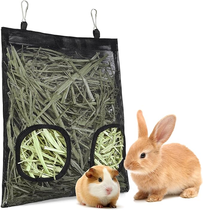 Mesh Guinea Pig Hay Feeder Bag for Guinea Pigs Rabbits Chinchillas, Hanging 2-Hole Hay Dispenser Breathable Wear-Resistant (Black)
