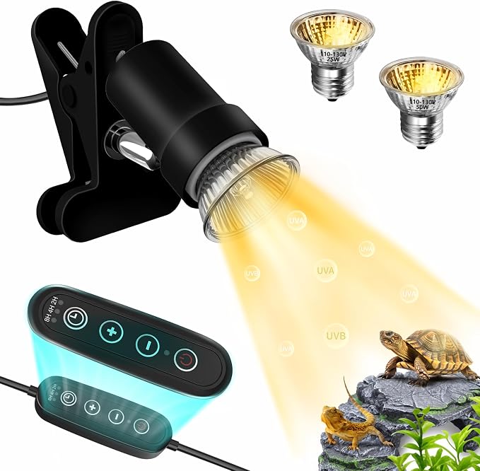 GOZILLA Reptile Heat Lamp, Turtle Lamp with 360°Rotatable Timing & Dimming Cycle Timer, 25W+50W UVA/UVB Reptile Light Bulbs for Reptile and Amphibian Tanks, Terrariums and Cages.(Black)