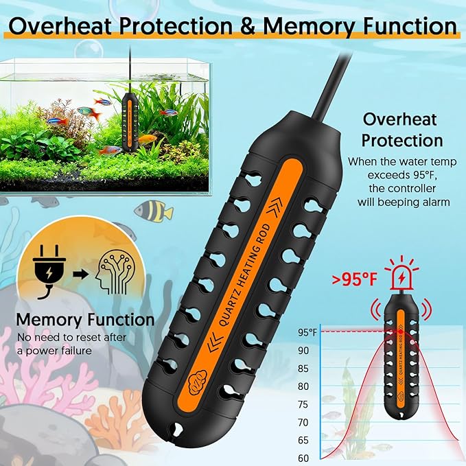 QZQ Aquarium Heater, 100W Adjustable Fish Tank Heater with Digital Display, External Temperature Controller, Submersible Turtle Tank Heater for 10-20 Gallon Tanks