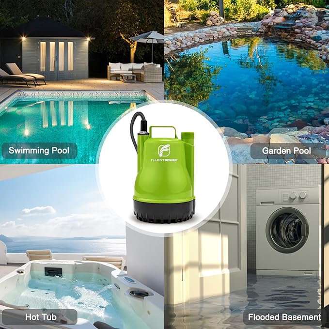 FLUENTPOWER 1/4HP Utility Pump 1900GPH Portable Submersible Sump Pump, Manual Control with 16.4 Ft Cord for Draining Water from Pool Pond Garden Hot Tub Basement Tankless Heater Liquids