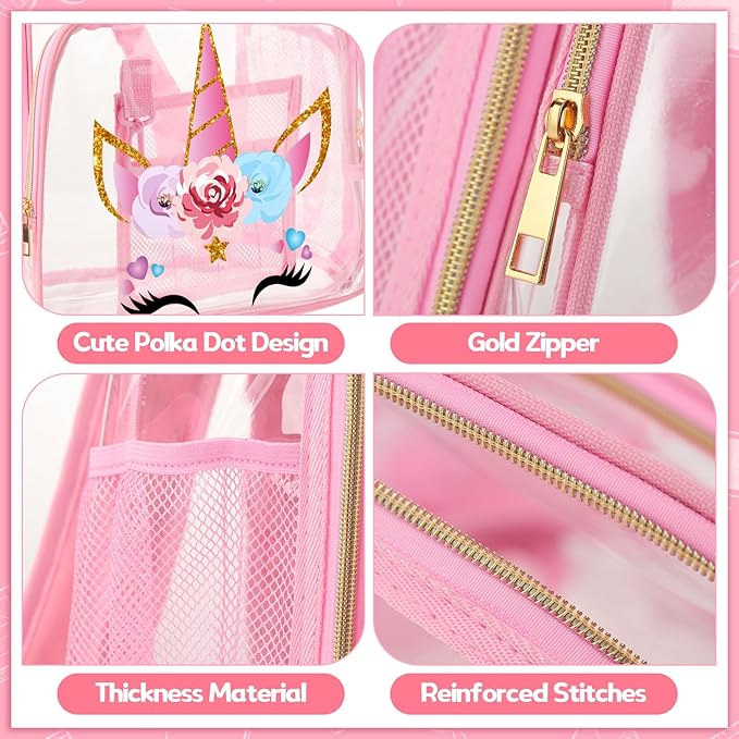 Kacctyen 3 Pcs Clear Backpack Heavy Duty Clear Stadium Bag Transparent Backpack with Lunch Bag(Pink,Unicorn)