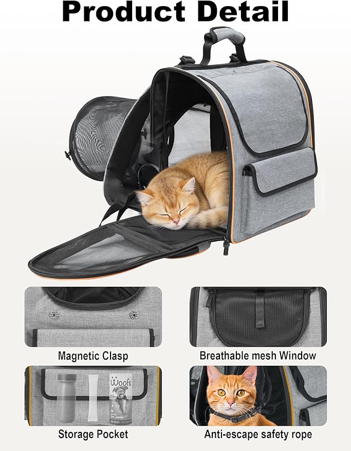 Expandable Cat Carriers for Cats and Small Dogs,Travel Bag with Breathable Mesh Windows, Anti-Escape Leash, Soft Cushion and Lightweight Design,Gray Orange