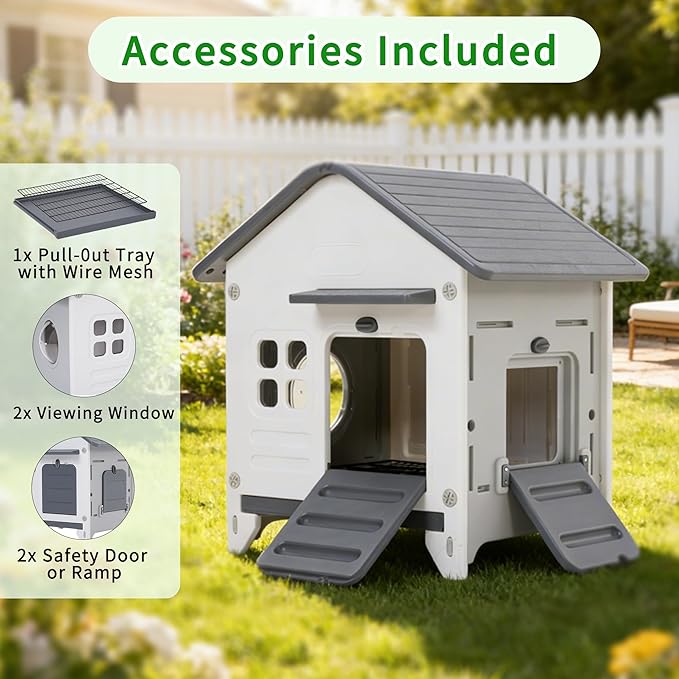 Rockever Plastic Rabbit Cage Outdoor Indoor, Waterproof Rabbit Hutch-Leak-Proof Pull-Out Tray&Chew-Proof, Bunny Cage Guinea Pig Cages, Easy-Clean & Ideal for Small Animal