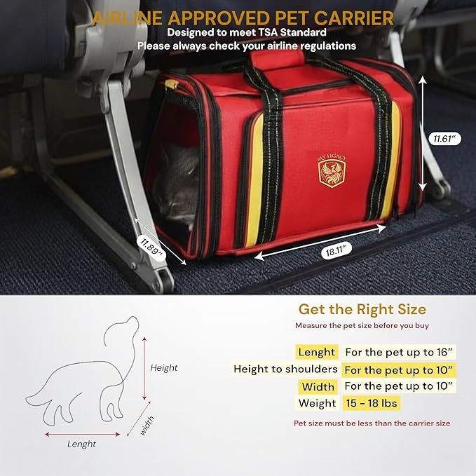 MY LEGACY Expandable Pet Carrier with Wheels & Matching Leash – Airline Compliant Cat & Small Dog Carrier, Fits Under Most Airplane Seats for In-Cabin Travel, Soft-Sided Collapsible, Pets Up to 18 lbs