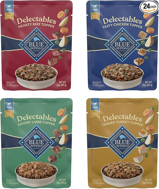Blue Buffalo Delectables Natural Wet Dog Food Topper Variety Pack, Tasty Chicken, Hearty Beef, Tender Turkey, & Savory Lamb Dinner 3-oz (24 Pack- 6 of Each Flavor)