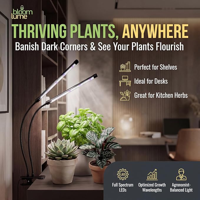 Bloom Lume LED Grow Lights for Indoor Plants Full Spectrum 6000K - Plant Grow Lights Indoor Features Multi Mode Color Spectrums (Red, White & Blue), Dimmable, Auto Timer, Clip on Gooseneck Plant Lamp