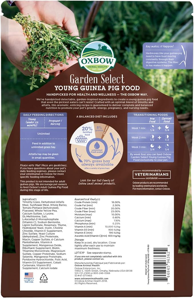 Oxbow Garden Select Young Guinea Pig Food, Alfalfa & Timothy Hay Guinea Pig Pellets, High Fiber for Digestive Health, Vitamin & Mineral Pet Food Pellets, Small Pet Products, Made in USA, 4 lb Bag