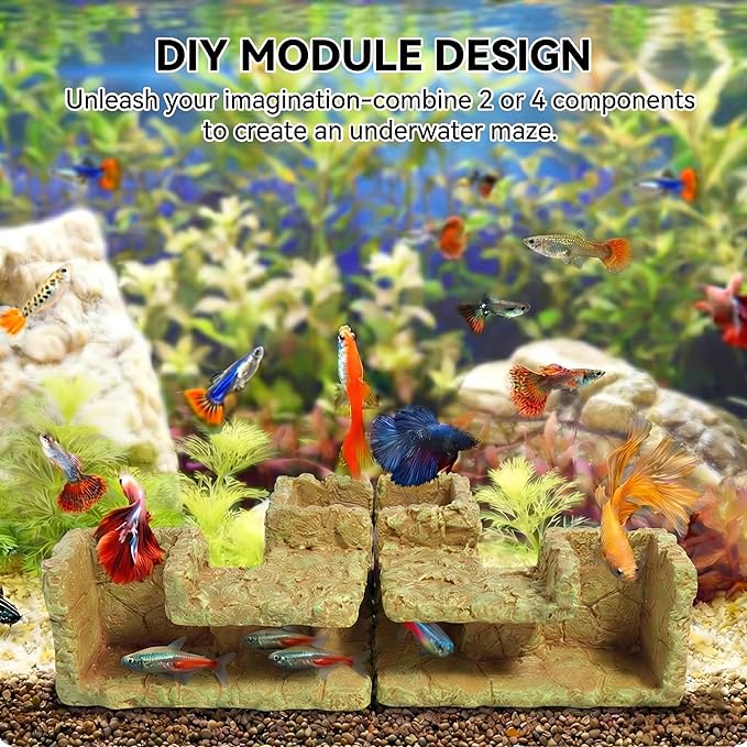 Aquarium Cave - Natural Resin Rock-Like Fish Tank Decorations & Accessories, 5.1” x 2” x 2.7” Safe Betta Hide & Tunnel for Guppy, Neon Tetra, Corydoras Catfish - Tank Decor