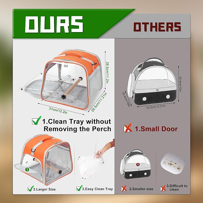 Small Bird Carrier, Large Window Travel Cage with Stand and Easy Clean Tray for Parrot Parakeet Cockatiels, Lightweight and Portable, Orange H