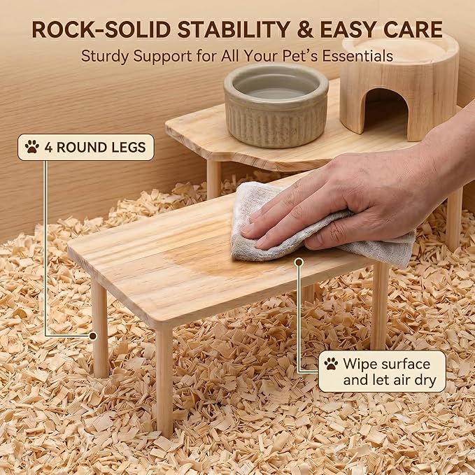3-Piece Wooden Hamster Platform Set & Tunnel Hideout, Enrichment Natural Wood Hamster Cage Accessories, Climbing Toys & Hides for Syrian, Dwarf, Gerbil, Mice, Habitat Essentials & Decor