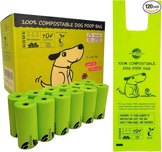 Dog Poop Bag, Compostable Doggie Poop Bags with Handles, Easy-Tie Pet Waste Bags, Eco-Friendly, Unscented, Vegetable-Based, Extra Thick Leak Proof, for Dogs and Cat Scoops, 120 Bags