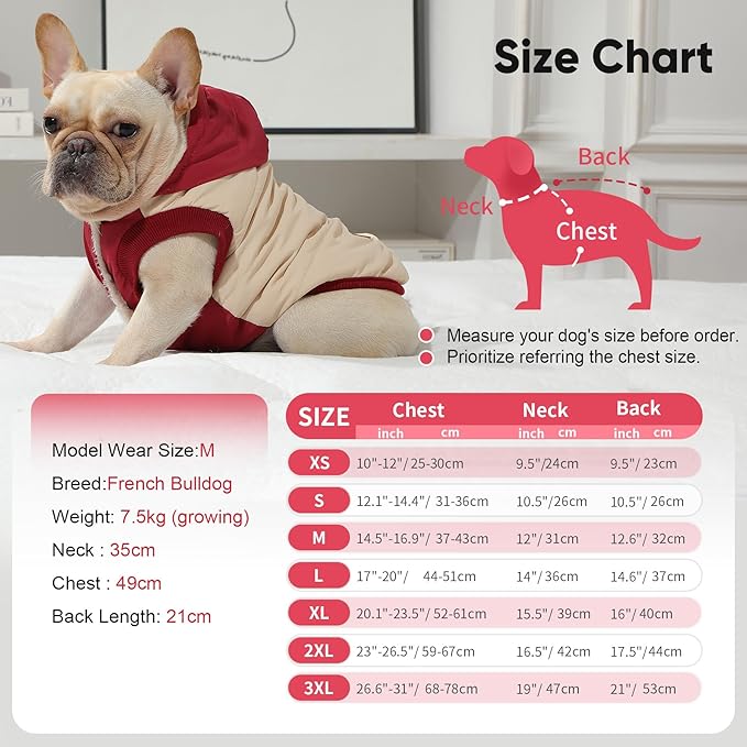 Vecomfy Fleece Lining Extra Warm Dog Hoodie in Winter,Small Dog Jacket Puppy Coats with Hooded,Beige and Red S