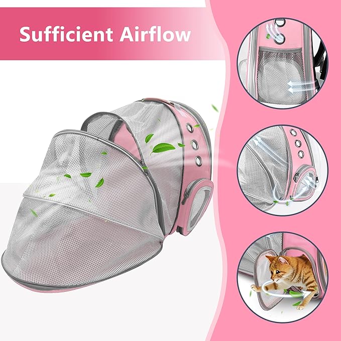 Pet Carrier Backpack Expandable for Cats and Small Dogs, Breathable Anti-Collapse Design, Airline Approved Travel Backpack for Hiking and Outdoor Use (Back Expandable-Pink)