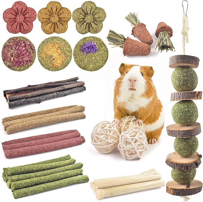 ERKOON 42PCS Rabbit Chew Toys, Natural Timothy Grass Cakes Guinea Pig Toys, Small Animal Teeth Grinding Treats for Bunny Hamster Chinchilla, Safe Dental Care Snacks