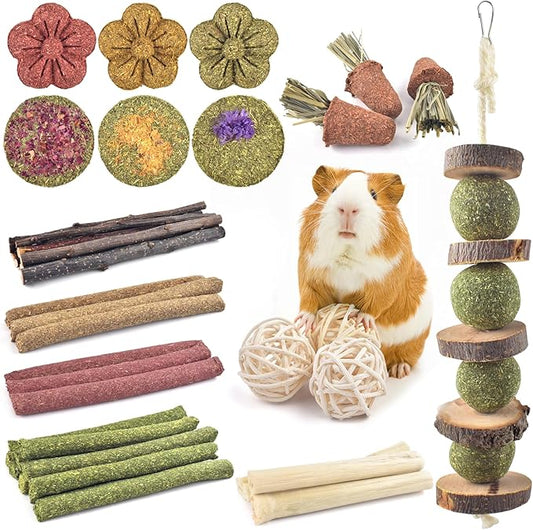 ERKOON 42PCS Rabbit Chew Toys, Natural Timothy Grass Cakes Guinea Pig Toys, Small Animal Teeth Grinding Treats for Bunny Hamster Chinchilla, Safe Dental Care Snacks