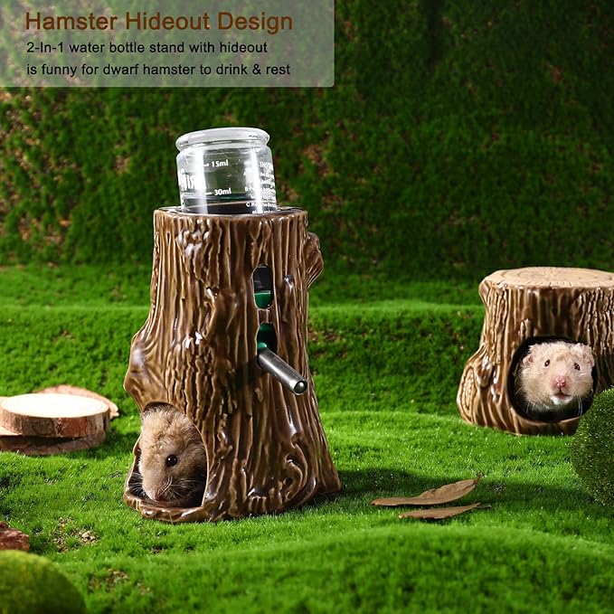 Hamster Water Bottle for Glass Tank, 3-in-1 Adjustable 80ML Gerbil Water Bottle with Stand Holder, Chew Proof Ceramic Water Dispenser for Dwarf Syrian Hamster Mice Rat