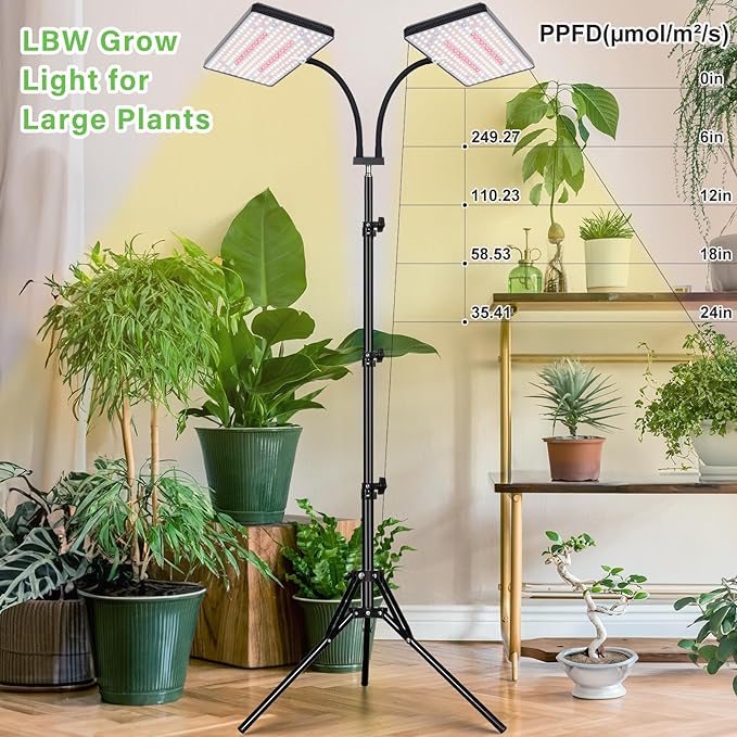 LBW Grow Lights for Indoor Plants, 428 LEDs Full Spectrum Plant Light | 2-Head Grow Lamp, 3/6/12H Timer, 6 Brightness Levels, 3 Switch Modes, 68" Height Adjustable Stand