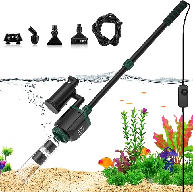 AQQA 6-in-1 Aquarium Gravel Cleaner, 600GPH Adjustable Water Flow Aquarium Vacuum | Electric DC Fish Tank Cleaner, Extendable Length, Supports Changing Water, Washing Sand, Water Filtering and Circulation