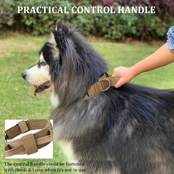 Tactical Dog Collar with Handle - Military Adjustable Dog Training Collar Soft Nylon and Heavy Duty Metal Buckle for Medium Large Dogs - with Patch (Brown, X-Large)