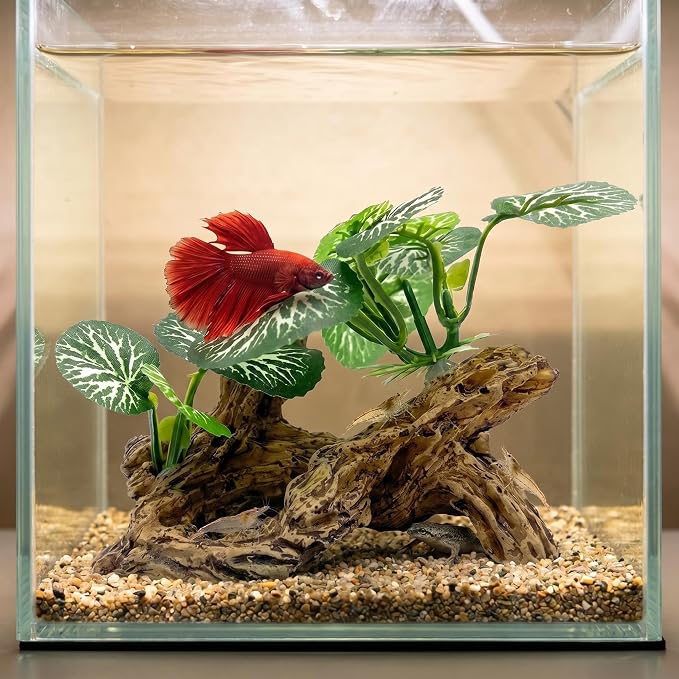 Aquarium Driftwood Decor 4 Inch - Resin Driftwood with Silk Plant Leaves, Fish Tank Decoration for Betta, African Dwarf Frog, Shrimp Hideout