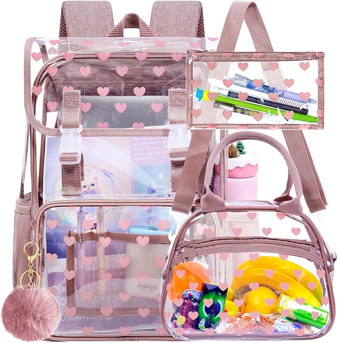 17" Love Heart Clear Backpack for Girls - 3Pcs Flip Design Stadium Approved Set, Campus/School Transparent Bookbag (Pink)